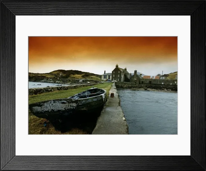 Framed Print : Rodel Isle of Harris isle of Lewis boat on pier harbour orange sky moody landscape Framed Print : Rodel Isle of Harris isle of Lewis boat on pier harbour orange sky moody landscape
