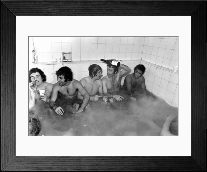 Framed Print : Goal scorer Suggett raises champagne with team mates. Left to right Liverpoorl, Morris Framed Print : Goal scorer Suggett raises champagne with team mates. Left to right Liverpoorl, Morris