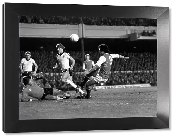 Arsenal (1) v. Ipswich (1). Frank Stapleton foiled by goalie Paul Cooper with Russell