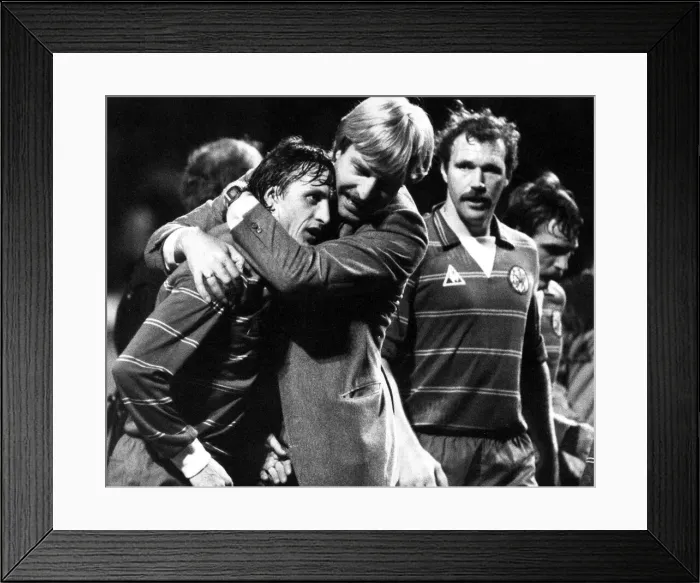 Framed Print : Aad de Mos celebrating goal with Johan Cruyff September 1982 Framed Print : Aad de Mos celebrating goal with Johan Cruyff September 1982