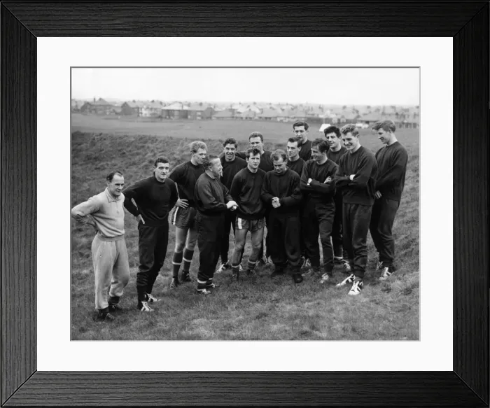 Framed Print : Manchester United. Jimmy Murphy with his Wembley team prior to training at Blackpool Framed Print : Manchester United. Jimmy Murphy with his Wembley team prior to training at Blackpool