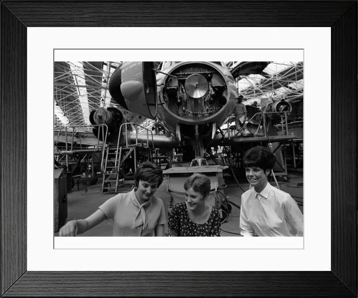 Framed Print : Three women pictured on the shop floor at the Hawker Siddley Factory floor in Manchester
