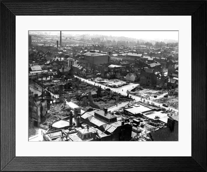 Framed Print : Earl Street, Coventry, viewed from the old cathedral spire some time after the blitz Framed Print : Earl Street, Coventry, viewed from the old cathedral spire some time after the blitz