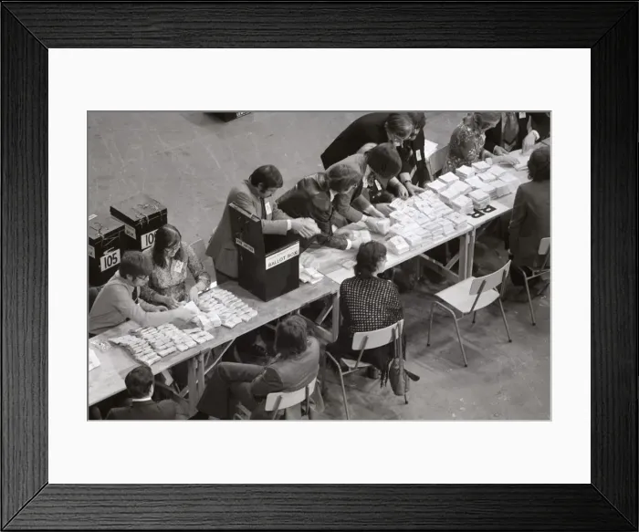 Framed Print : Ballot papers are sorted in Earls Court, London where the count for the EEC Referendum