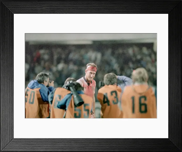 Framed Print : 6 September 1989, Sweden v England. Terry Butcher being photograped by members of Framed Print : 6 September 1989, Sweden v England. Terry Butcher being photograped by members of