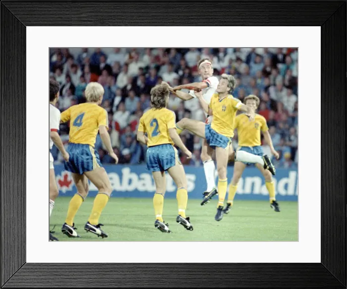 Framed Print : 6 September 1989, Sweden v England. Terry Butcher seen here in defence during Englands Framed Print : 6 September 1989, Sweden v England. Terry Butcher seen here in defence during Englands