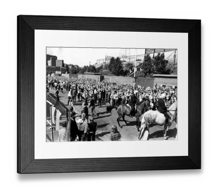 Framed Print : Newcastle Supporters - Police on horse back control the Newcastle supporters outside St Framed Print : Newcastle Supporters - Police on horse back control the Newcastle supporters outside St