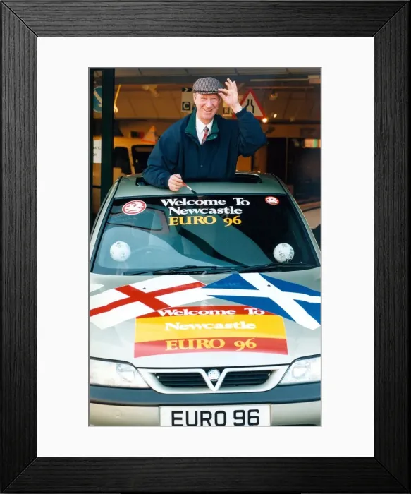 Framed Print : Jack Charlton with the Euro 96 car at Bristol Street Motors in February 1996 Framed Print : Jack Charlton with the Euro 96 car at Bristol Street Motors in February 1996