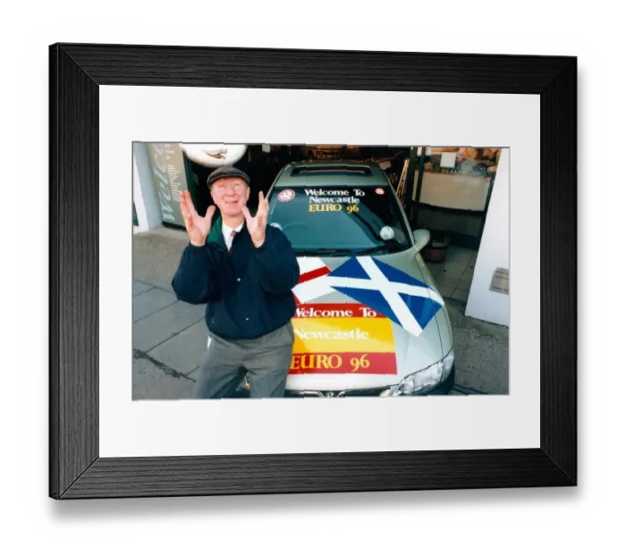 Framed Print : Jack Charlton with the Euro 96 car at Bristol Street Motors in February 1996 Framed Print : Jack Charlton with the Euro 96 car at Bristol Street Motors in February 1996