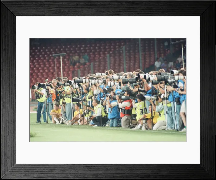 Framed Print : Line of photographers at England v Cameroon World Cup Quarter Final match at the Stadio Framed Print : Line of photographers at England v Cameroon World Cup Quarter Final match at the Stadio
