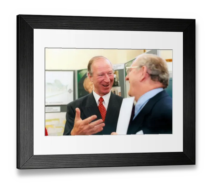 Framed Print : Jack Charlton talks to Professor John Clarke, North East Panel Chairman for the National Framed Print : Jack Charlton talks to Professor John Clarke, North East Panel Chairman for the National
