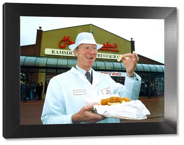 Jack Charlton trys the Worlds best fish and chips at Gateshead in December 1992