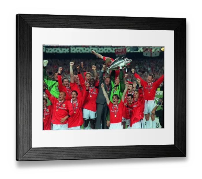 Framed Print : Manchester United players May 1999 including goalkepeer Peter Schmeichel (3rd R Framed Print : Manchester United players May 1999 including goalkepeer Peter Schmeichel (3rd R