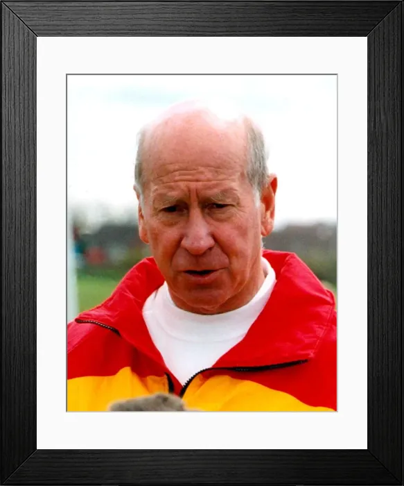 Framed Print : Sir Bobby Charlton gives tips to youngsters on Bullocksteads Sports Ground in May 1996 in Framed Print : Sir Bobby Charlton gives tips to youngsters on Bullocksteads Sports Ground in May 1996 in