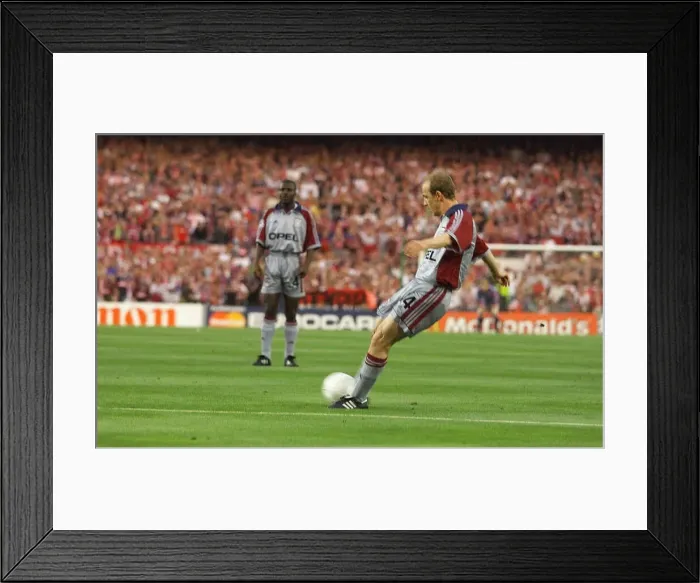 Framed Print : Mario Basler May 1999 scores first goal from a free Kick for Bayern during the 1999