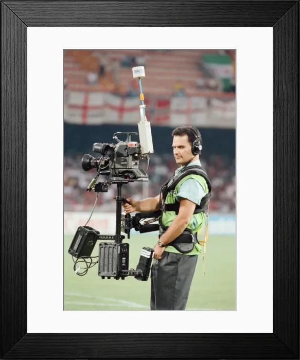 Framed Print : Cameraman using Steady Cam at England v Cameroon World Cup Quarter Final match Framed Print : Cameraman using Steady Cam at England v Cameroon World Cup Quarter Final match