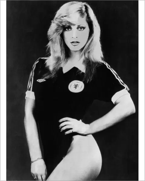 Model Sian Adey-Jones wearing a Scotland football shirt. June 1978