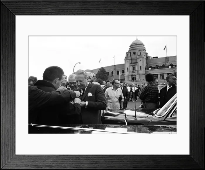 Framed Print : Tory leader Edward Heath signs autographs outside Wembley Stadium on day of World Cup