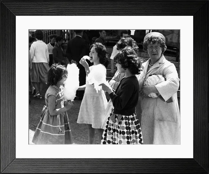 Framed Print : Girls eating candyfloss at Hearsall Common fair, Coventry. 3rd June 1967 Framed Print : Girls eating candyfloss at Hearsall Common fair, Coventry. 3rd June 1967