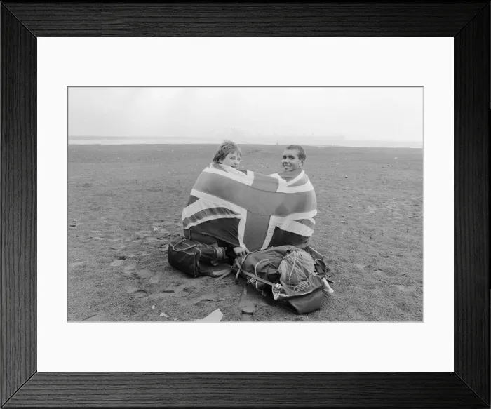 Framed Print : 1982 World Cup Finals in Spain. English fans wrapped in a Union Jack flag on a Framed Print : 1982 World Cup Finals in Spain. English fans wrapped in a Union Jack flag on a