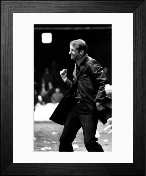 Framed Print : Aberdeen football manager clenches his fist as he celebrates a goal. Circa 1977 Framed Print : Aberdeen football manager clenches his fist as he celebrates a goal. Circa 1977