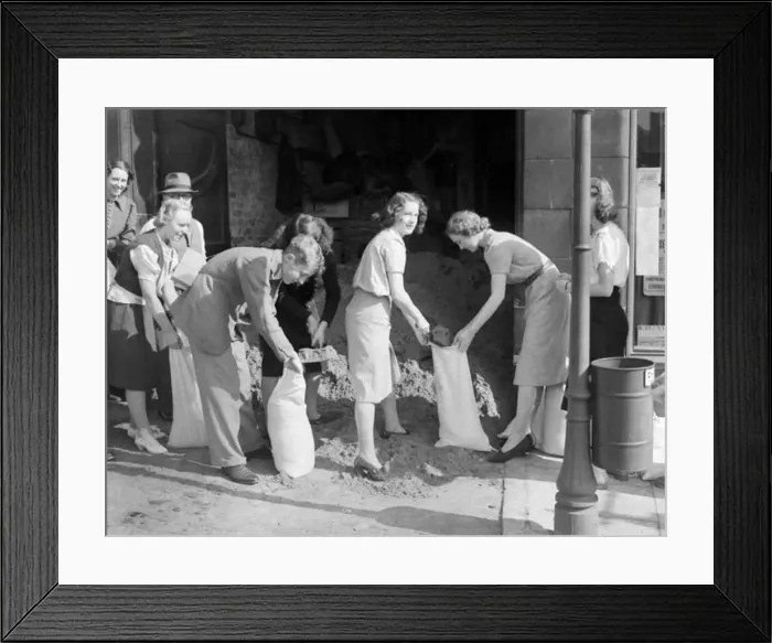 : Packing sandbags at the evacuation hospitals in Birmingham during world war two September : Packing sandbags at the evacuation hospitals in Birmingham during world war two September