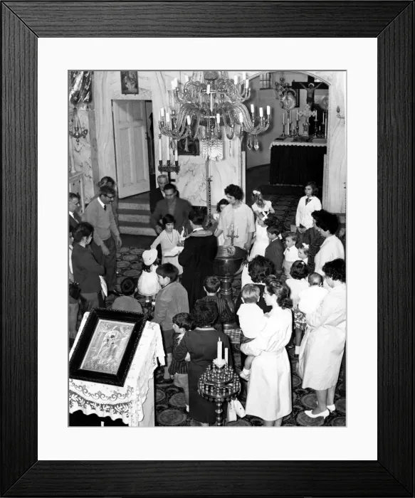 Framed Print : The scene inside the Greek Orthodox Church furing the ceremony to christen