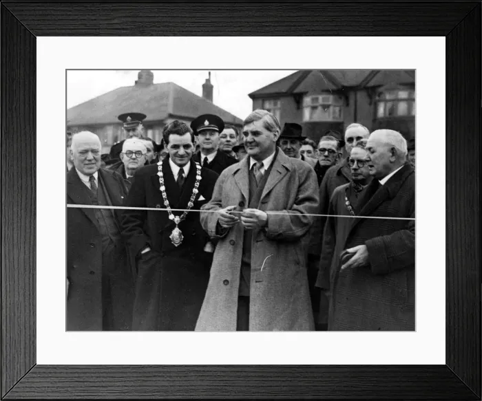 Framed Print : Mr Aneurin Bevin, M. P. about to cut the tape across Bevin Crescent Framed Print : Mr Aneurin Bevin, M. P. about to cut the tape across Bevin Crescent