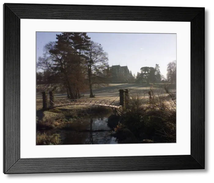 Framed Print : The early morning frost covers the bridge and grounds of Chateau Impney Hotel, Droitwich Framed Print : The early morning frost covers the bridge and grounds of Chateau Impney Hotel, Droitwich