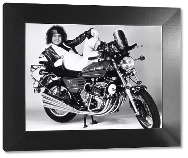 Marc Bolan pop singer with Benelli 750 motorbike in 1976