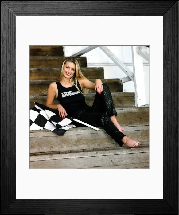 Framed Print : Jill McIntyre Miss Speedway snakeskin trousers Ichi Ni San T shirt checkered flag