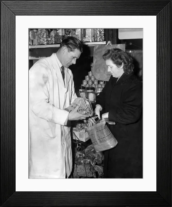 Framed Print : Ted Ditchburn photographed in his grocer s. February 1957 P007035 Framed Print : Ted Ditchburn photographed in his grocer s. February 1957 P007035