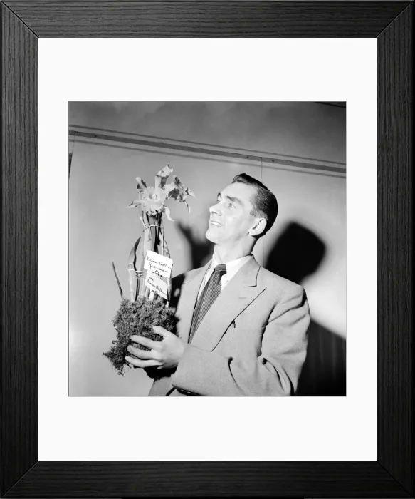 Framed Print : Jackie Milburn (Newcastle United footballer), with the orchid which he had named after Framed Print : Jackie Milburn (Newcastle United footballer), with the orchid which he had named after
