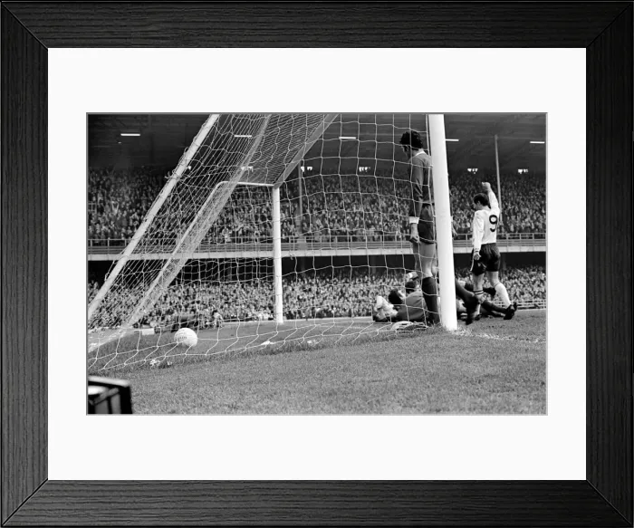 Framed Print : Derby v. Liverpool. O Hare arms paised Hector and Tommy Lawrence on floor Framed Print : Derby v. Liverpool. O Hare arms paised Hector and Tommy Lawrence on floor
