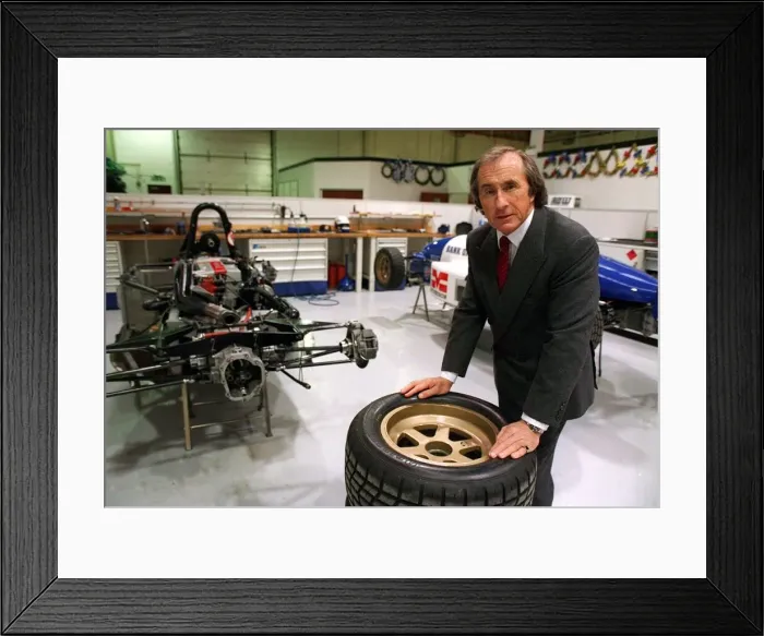 Framed Print : Jackie Stewart in the Paul Stewart Racing workshop at Milton Keynes