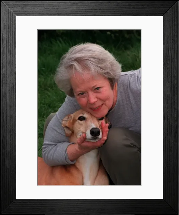 Framed Print : Annette Crosbie Actress April 98 With one ofher greyhound dogs A©Mirrorpix