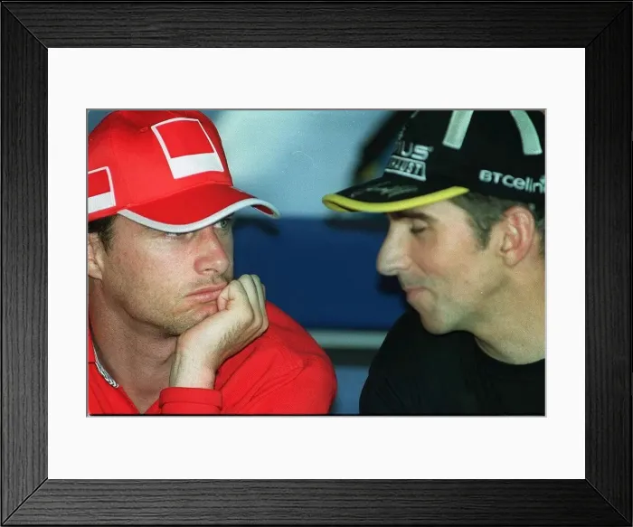 Framed Print : Eddie Irvine and Damon Hill in the afternoon press conference before 1999 British Grand Framed Print : Eddie Irvine and Damon Hill in the afternoon press conference before 1999 British Grand