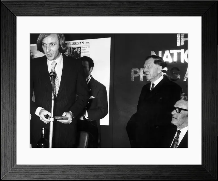 Framed Print : John Pilger journalist at the IPC Awards Savoy Hotel receiving award from Lord