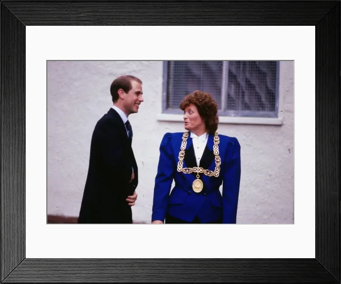 Framed Print : Prince Edward in Glasgow Provost Susan Baird December 1989 Framed Print : Prince Edward in Glasgow Provost Susan Baird December 1989