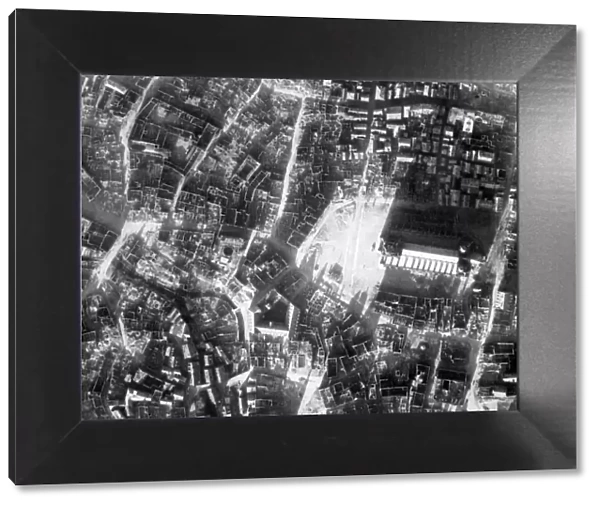 An aerial view showing the bomb damage in the German city of Ulm after an RAF bombing