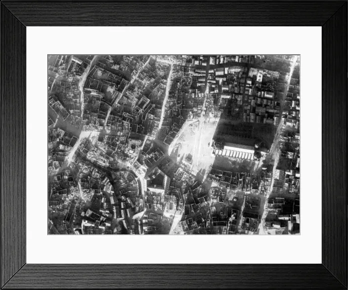 Framed Print : An aerial view showing the bomb damage in the German city of Ulm after an RAF bombing
