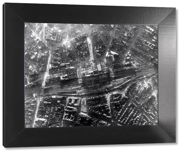 An aerial view showing the bomb damage in the German city of Hanover after an RAF bombing