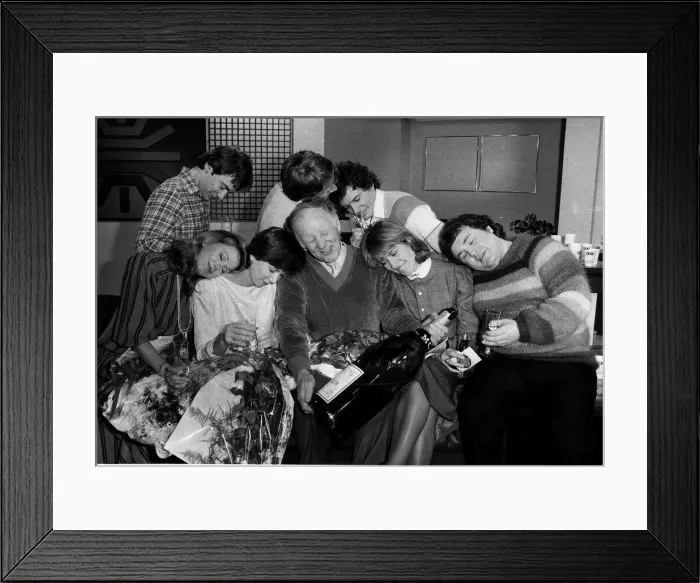 Framed Print : Champagne is poured by staff as BBC Breakfast Television goes on air