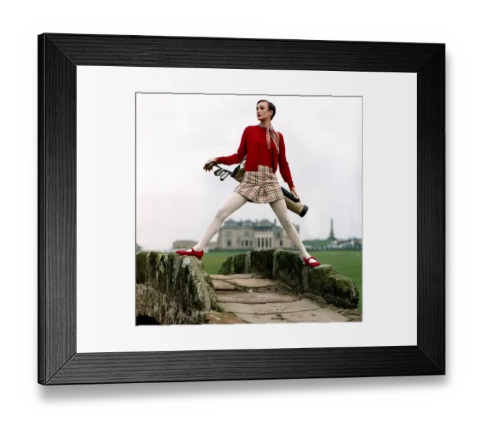 Framed Print : Golf Fashion woman standing astride stone humpback bridge Red shoes twin set jumper Framed Print : Golf Fashion woman standing astride stone humpback bridge Red shoes twin set jumper
