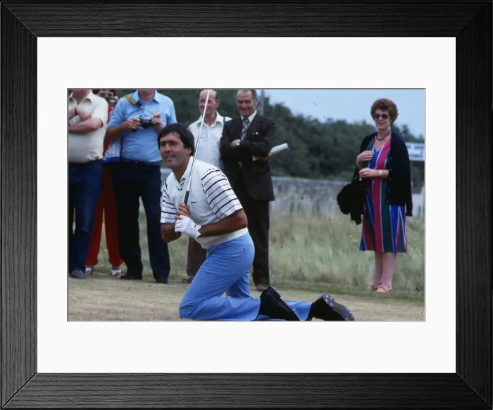 Framed Print : Seve Ballesteros golfer 1983 On knees after golf shot crowd watching Framed Print : Seve Ballesteros golfer 1983 On knees after golf shot crowd watching