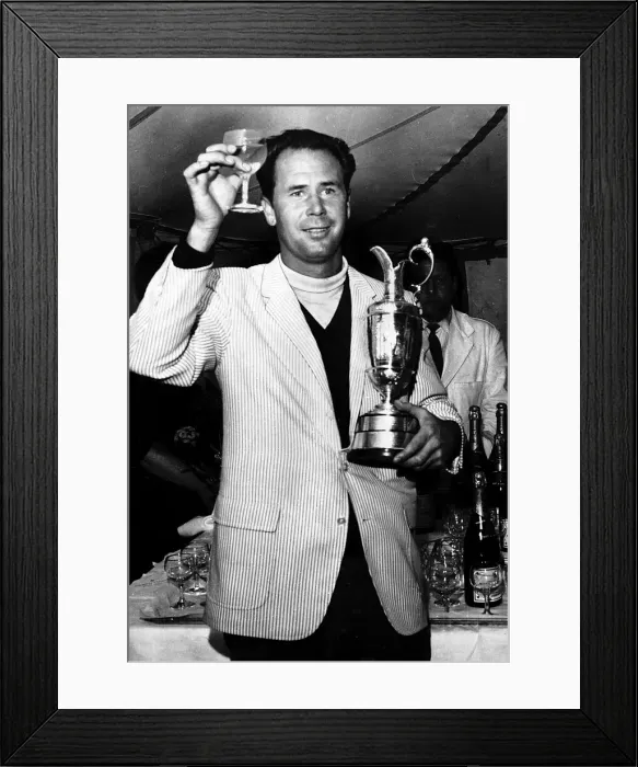 Framed Print : Tony Herne holding a glass of champagne and the British Golf Open trophy Framed Print : Tony Herne holding a glass of champagne and the British Golf Open trophy