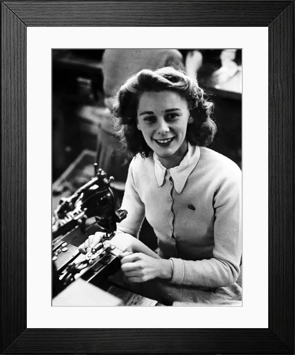 Framed Print : Mayme Bell Sewing machinist putting buttons onto golf cardigan knitware worker factory Framed Print : Mayme Bell Sewing machinist putting buttons onto golf cardigan knitware worker factory