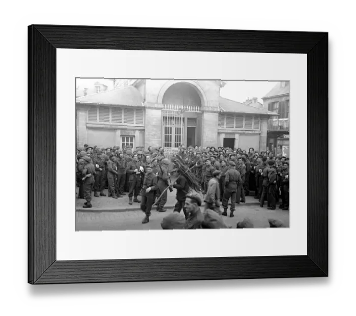 Framed Print : British troops outside the bath house in a Normandy town in Northern France shor Framed Print : British troops outside the bath house in a Normandy town in Northern France shor