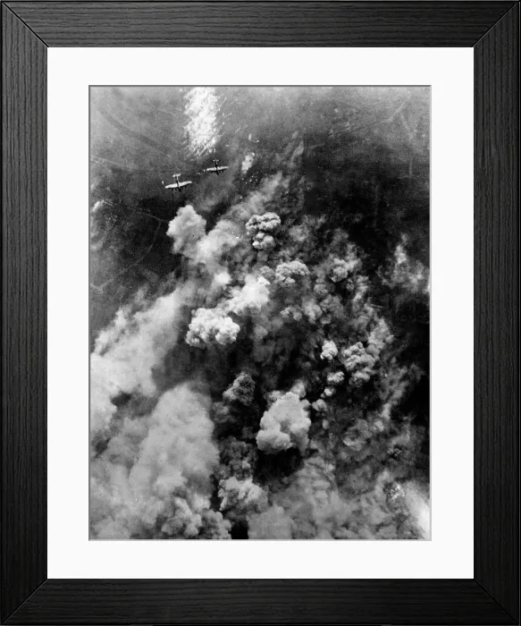 Framed Print : Dense smoke rising from the hail of bursting bombs as Avro Lancaster bombers of RAF Framed Print : Dense smoke rising from the hail of bursting bombs as Avro Lancaster bombers of RAF