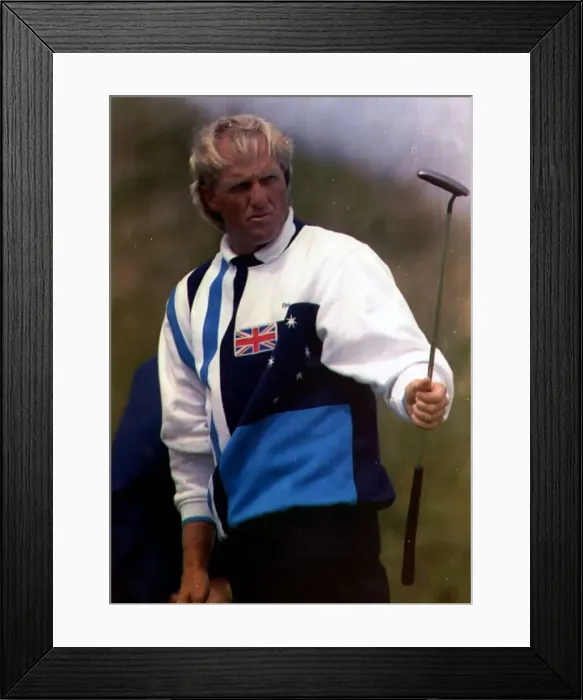 Framed Print : Greg Norman golfer holding putter golf club wearing sweater with Australian flag